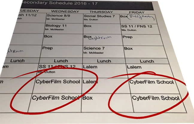 Cyber FIlm School circled  in Adam's Alterntative eduction film class. 