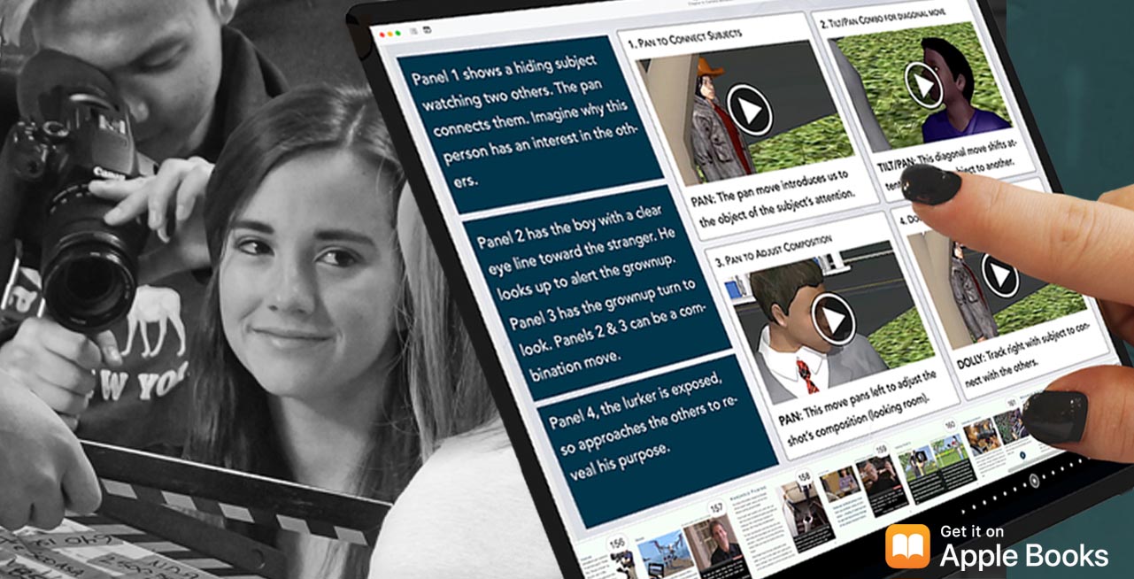 Young filmmaking students foregrounded by a Camera movement excercise page from their first-year film education Apple Book