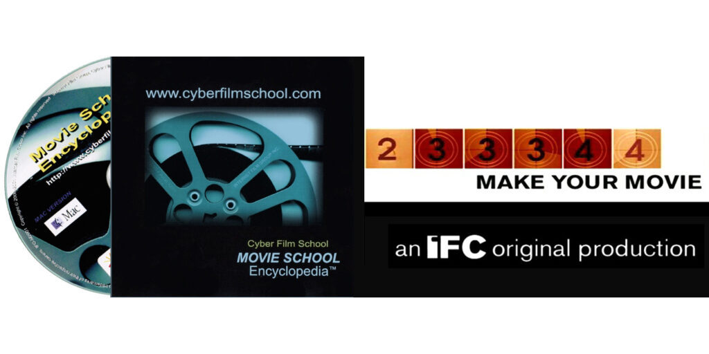 Collage banner advertising Cyber Film School with a DVD, film reel, and the 'Make Your Movie' slogan.
