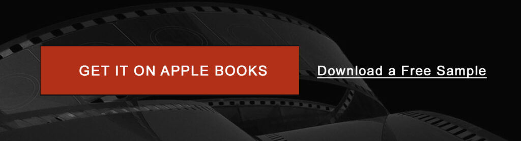 Promotional banner with a red 'GET IT ON APPLE BOOKS' button and a 'Download a Free Sample' link over a dark film reel background.