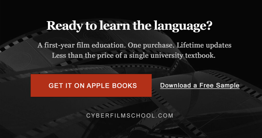 Hero banner with film reels and a bold white headline: 'Ready to learn the language?', plus red 'GET IT ON APPLE BOOKS' button and 'Download a Free Sample' link.