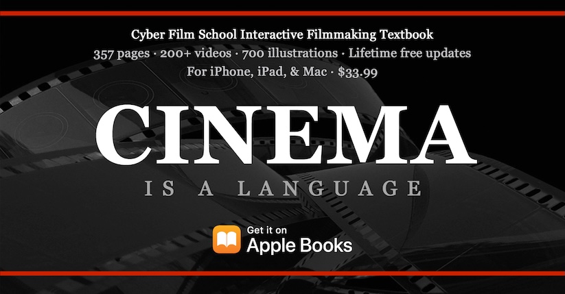 Promotional book cover for 'Cinema Is a Language' by Cyber Film School, available on Apple Books.
